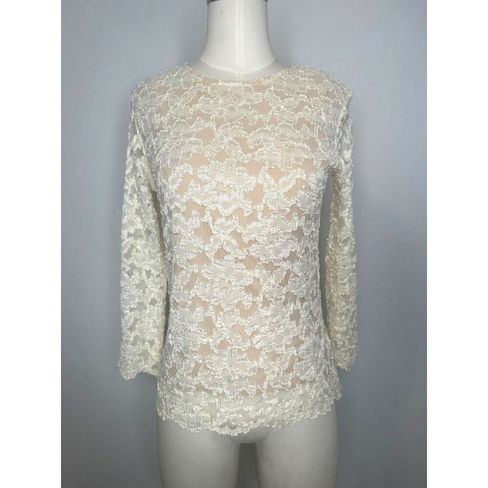 Vintage 90s/Y2K Ivory Lace Blouse XS Sheer Floral Top w/ Lining, Shoulder Pads